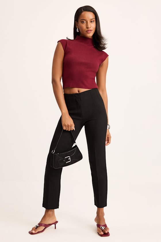 Suki Wine Red Mock Neck Cap Sleeve Sweater Top