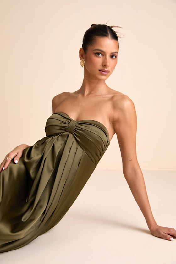 Memorable Entrance Olive Green Strapless Satin Maxi Dress