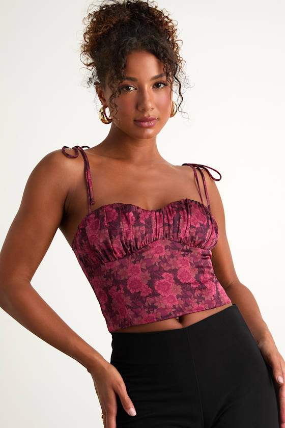 Raissa Burgundy Floral Satin Tie-Strap Crop Top