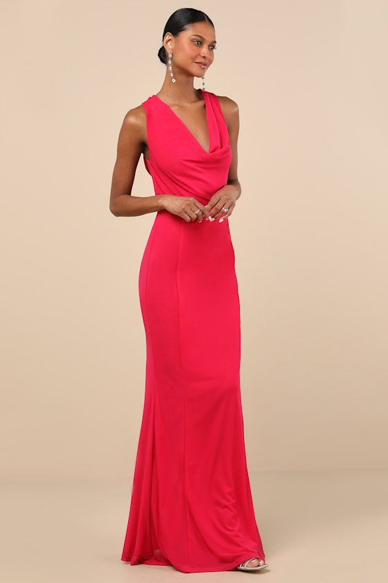 Stunning Mystery Fuchsia Mesh Cowl Back Mermaid Maxi Dress