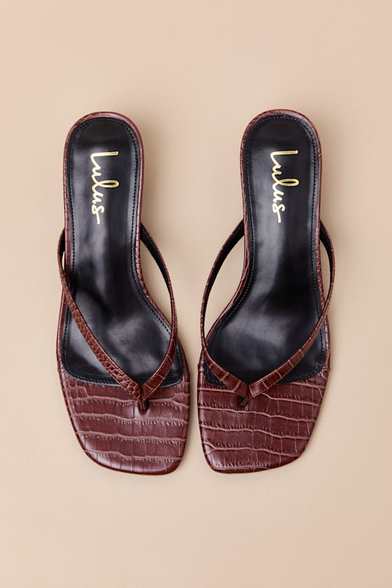 Massima Brown Croc-Embrossed Kitten Heel Thong Sandals