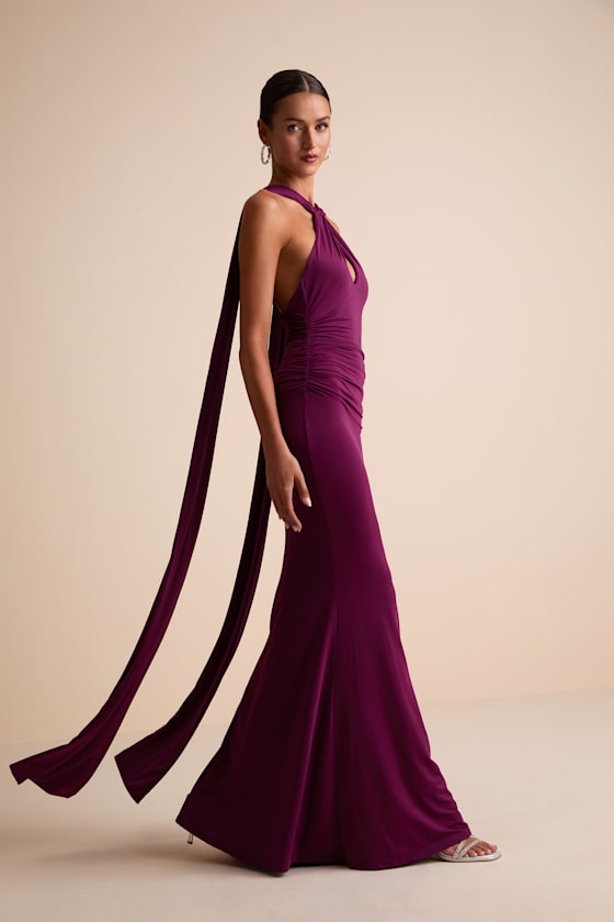Noretta Plum Jersey Knit Keyhole Cutout Sash Maxi Dress