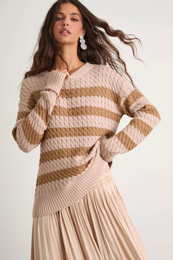 Navya Blush Striped Cable Knit Tunic Sweater