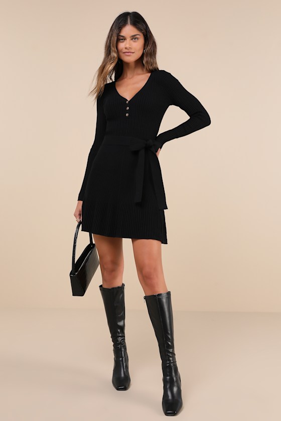 Cozy Poise Black Henley Long Sleeve Mini Sweater Dress