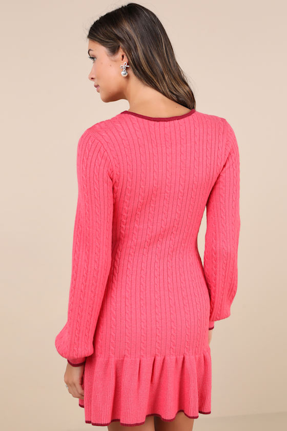 Coziest Poise Pink Cable Knit Long Sleeve Sweater Mini Dress