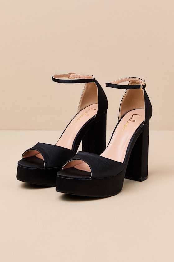 Orsola Black Satin Platform Ankle Strap Sandals