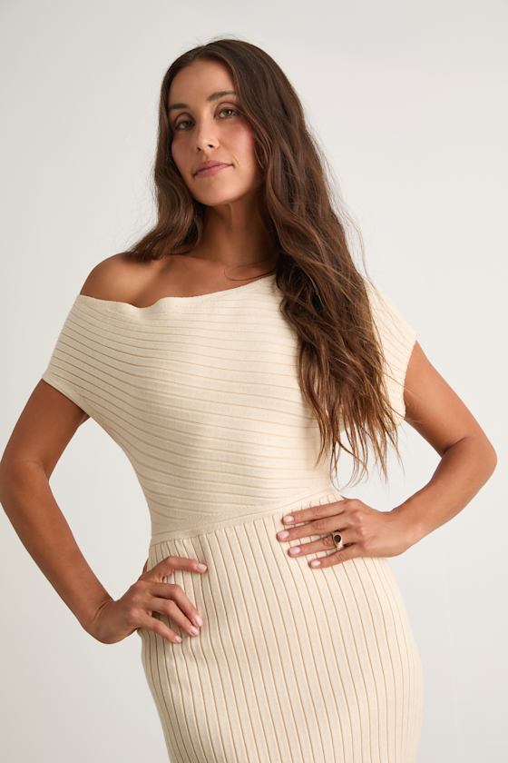 Brady Cream Ribbed Off-the-Shoulder Sweater Midi Dress