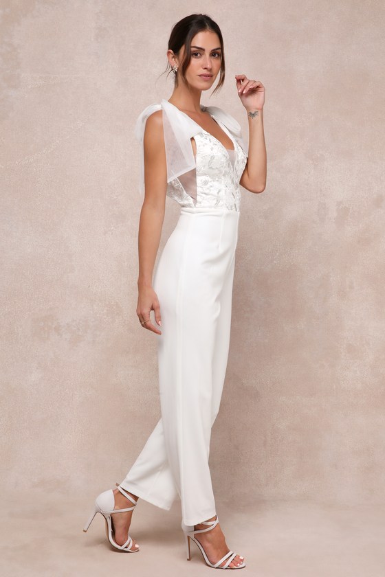 Dignified Beauty White Mesh Embroidered Tie-Strap Jumpsuit