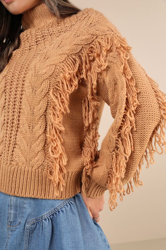 Wintertime Fave Tan Fringe Cable Knit Sweater