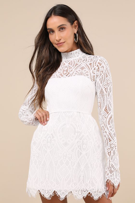 Gorgeous Attraction White Lace Structured Long Sleeve Mini Dress