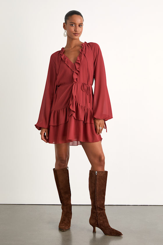 Allirah Rust Red Ruffled Long Sleeve Mini Dress