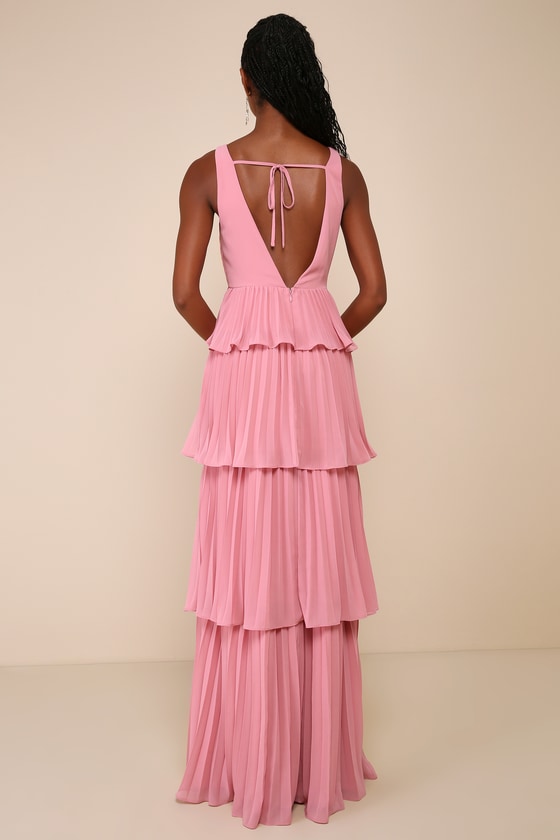 Mesmerizing Essence Pink Pleated Backless Tiered Maxi Dress