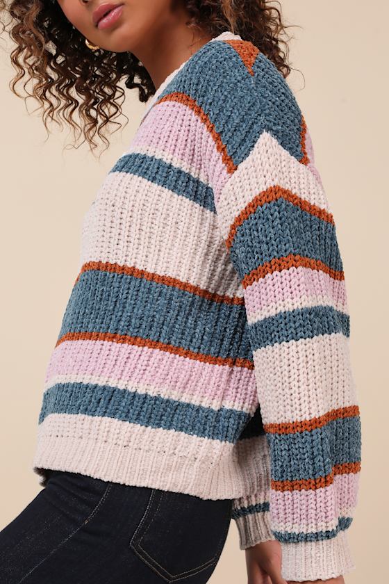 Coziest Cuddles Ivory Multi Striped Chenille Sweater