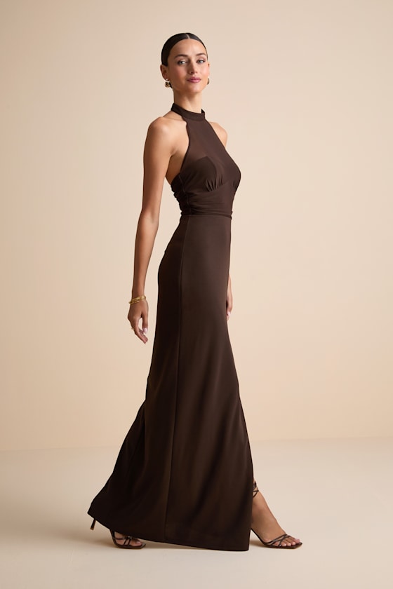 Baani Dark Brown Column Halter Maxi Dress