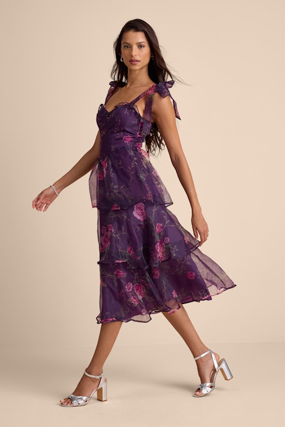 Fairytale Cutie Purple Floral Tie-Strap Tiered Midi Dress