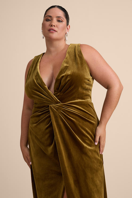 Beautiful Evenings Olive Green Velvet Twist-Front Maxi Dress