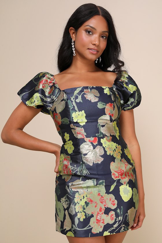 So Stunning Navy Blue Floral Jacquard Puff Sleeve Mini Dress