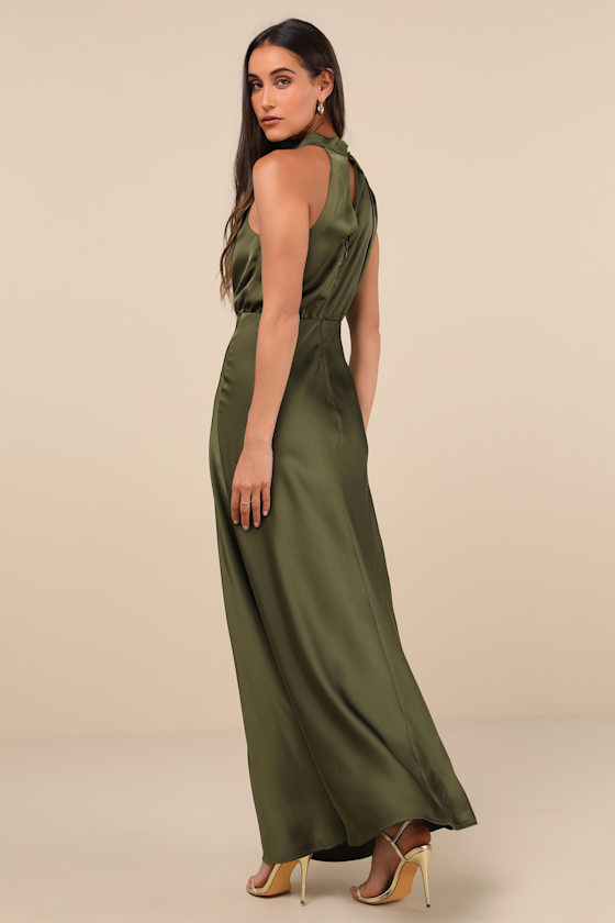 Distinctive Charm Olive Green Satin Asymmetrical Maxi Dress