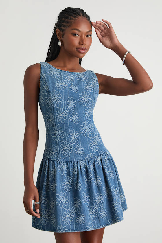 Kodi Medium Wash Floral Denim Drop Waist Mini Dress