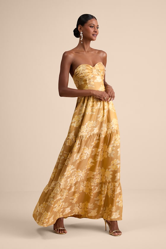 Petrina Golden Yellow Floral Jacquard Strapless Maxi Dress
