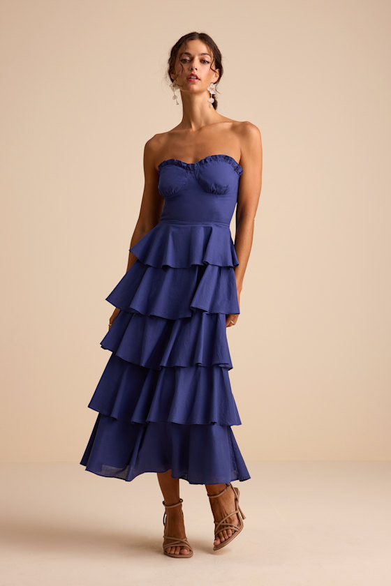Nayha Blue Strapless Tiered Midi Dress