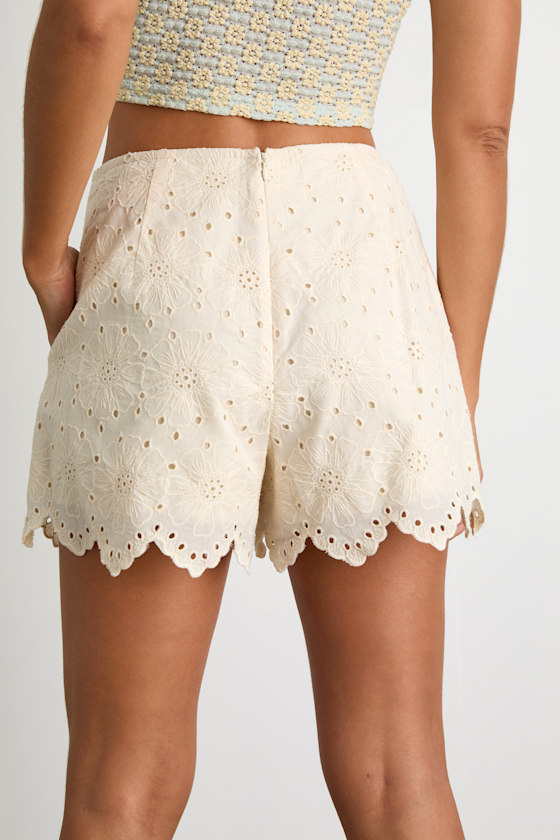 Tenille Cream Eyelet Embroidered Scalloped High-Rise Shorts