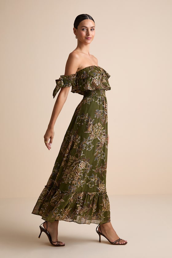 Love and Blooms Olive Green Floral Print Off-the-Shoulder Dress