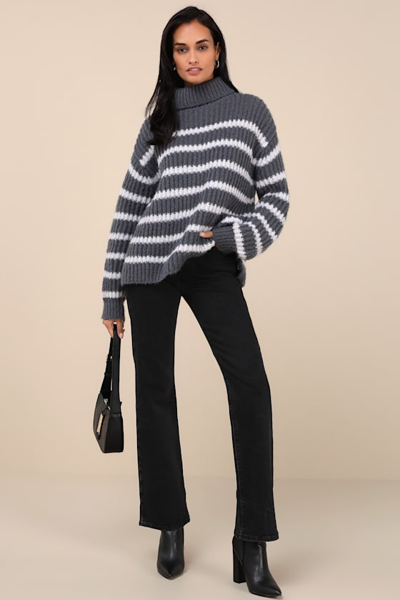 Cooler Forecast Grey and White Striped Turtleneck Sweater