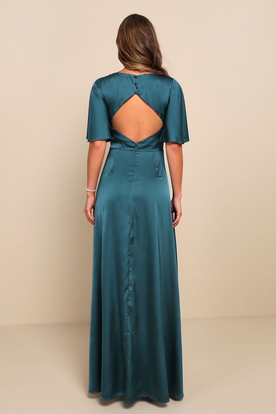 Elegant Confidence Teal Satin Flutter Sleeve Cutout Maxi Dress