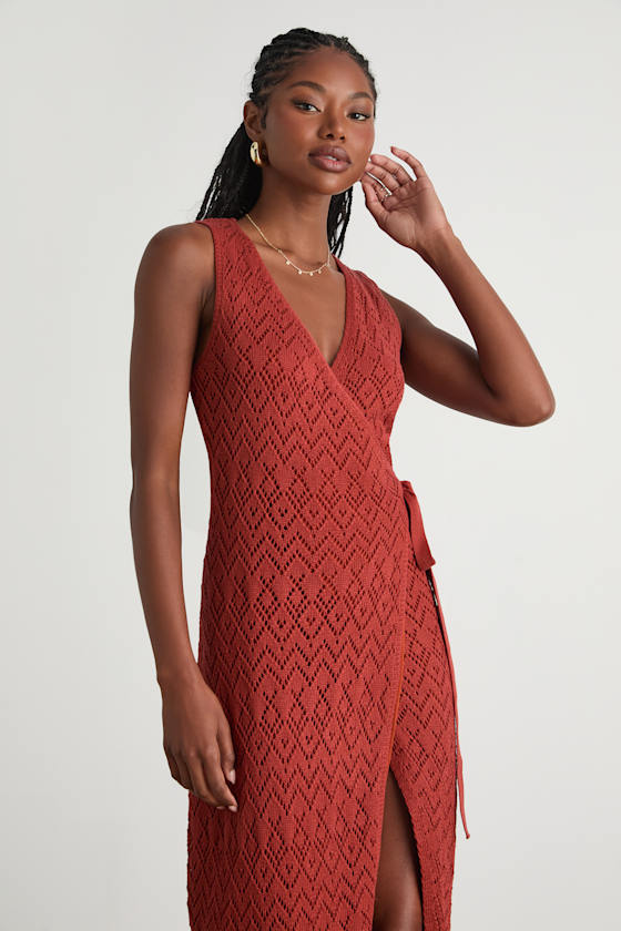 Kasper Rusty Red Pointelle Knit Wrap Midi Dress
