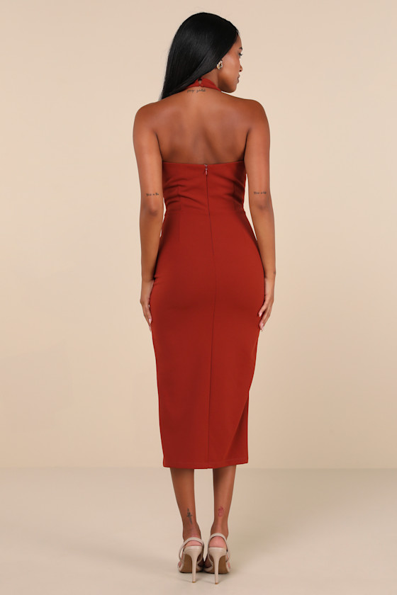 Prominent Charm Rust Brown Halter Bodycon Tulip Midi Dress