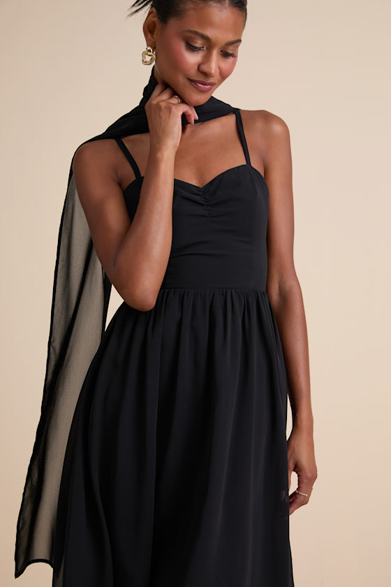 Irresistibly Darling Black Chiffon Midi Dress and Scarf Set