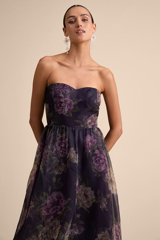 Truly Extraordinary Purple Floral Organza Strapless Maxi Dress