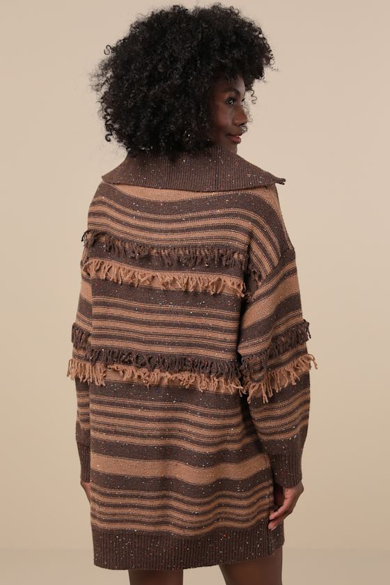Ultimate Coziness Brown Striped Quarter-Zip Sweater Mini Dress