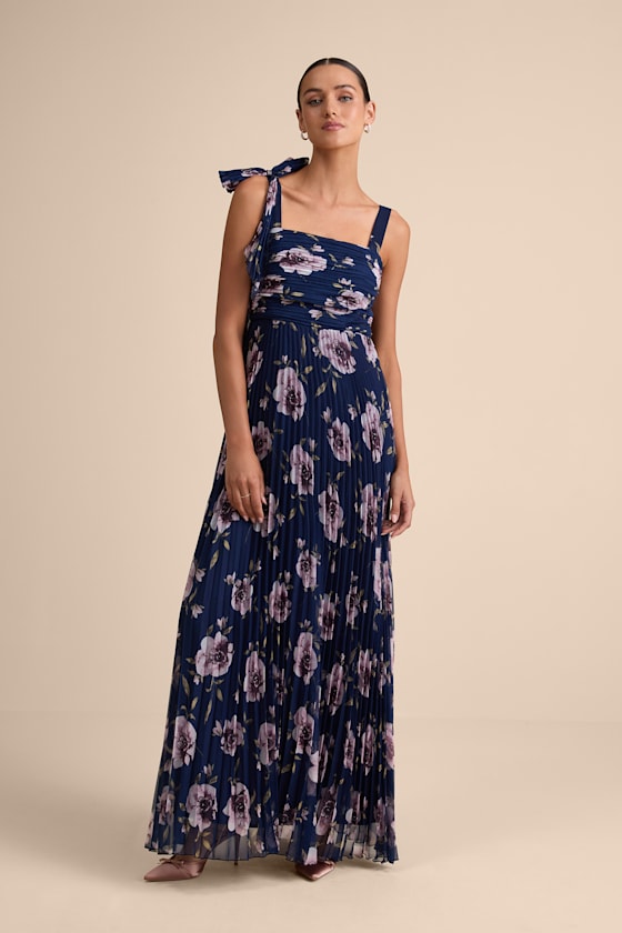 Gorgeous Purpose Navy Floral Pleated Sleeveless Bow Maxi Dress
