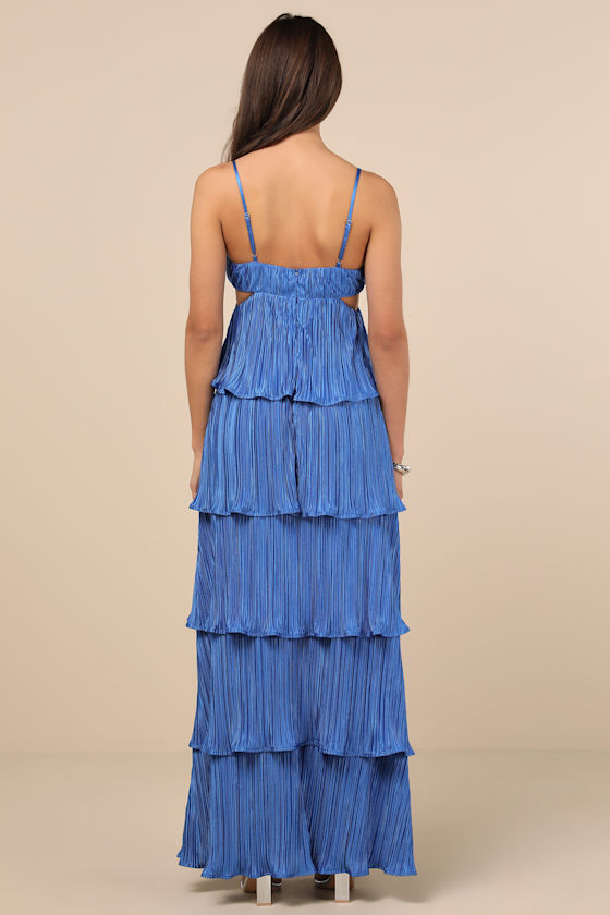 Kanya Blue Satin Plisse Tiered Maxi Dress