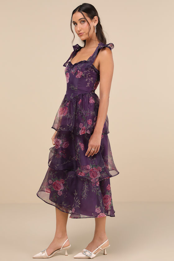 Fairytale Cutie Purple Floral Tie-Strap Tiered Midi Dress