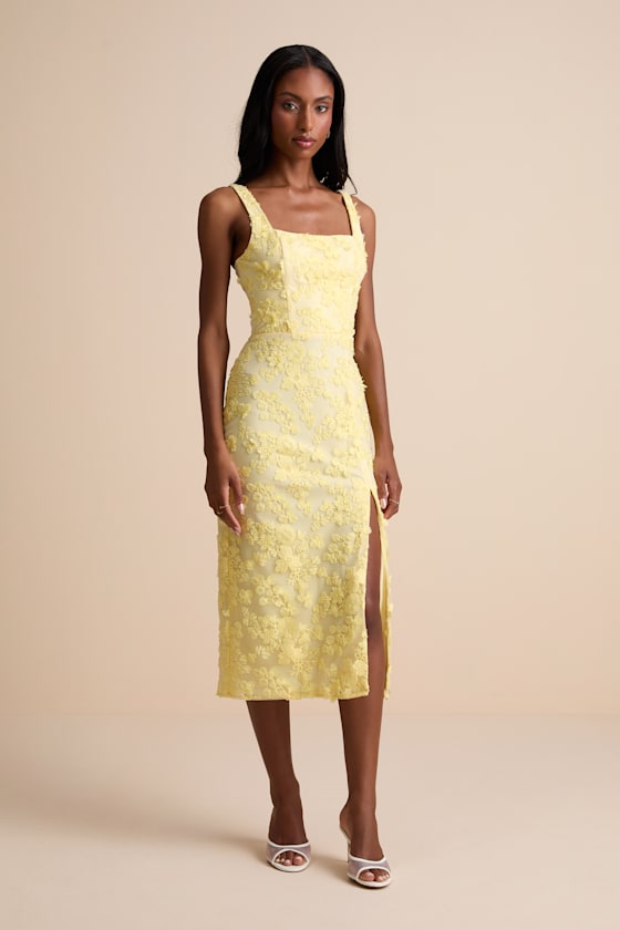 Chesley Light Yellow 3D Floral Embroidered Tie-Back Midi Dress