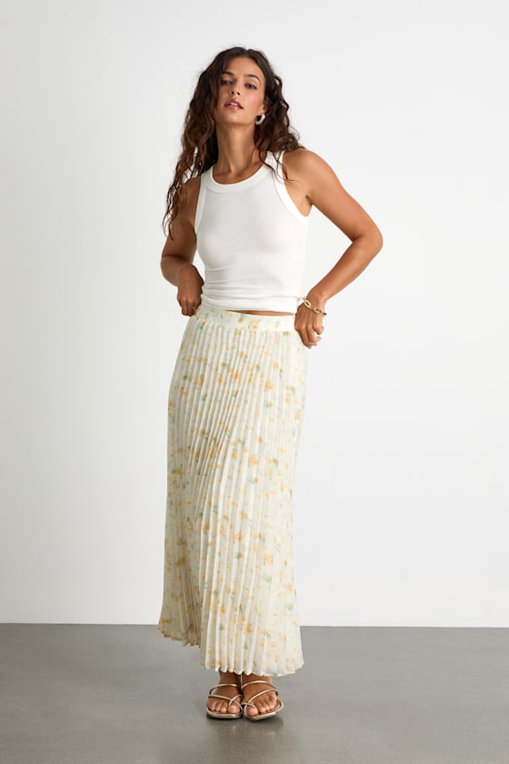 Olyana Ivory and Yellow Floral Pleated Midi Skirt