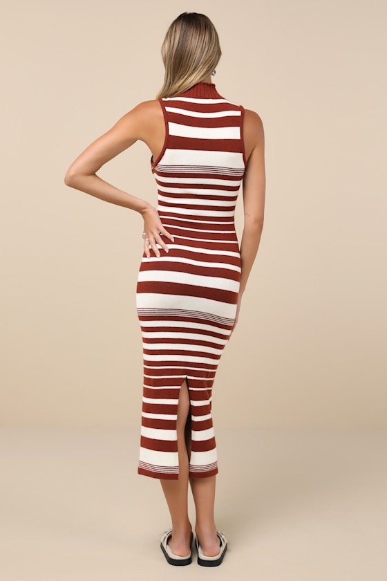 Easy-Going Excellence Ivory Striped Mock Neck Midi Sweater Dress