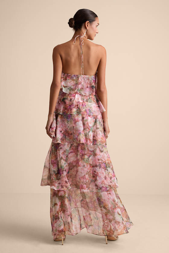 Melody Pink Floral Tiered Halter Maxi Dress