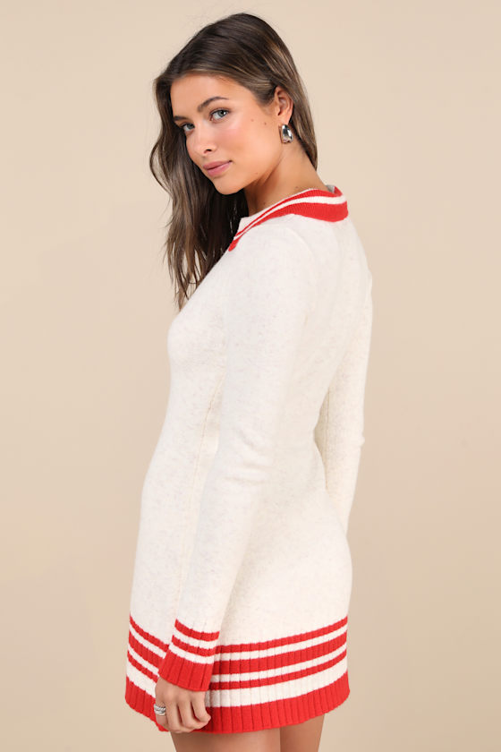 Soft Serenity Heather Ivory and Red Collared Sweater Mini Dress