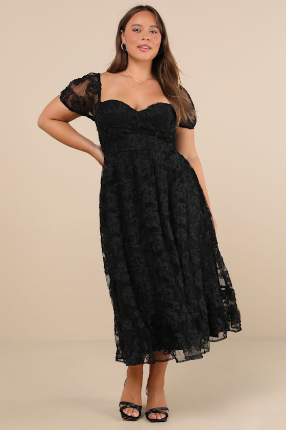Notable Elegance Black Mesh Floral Applique Bustier Midi Dress