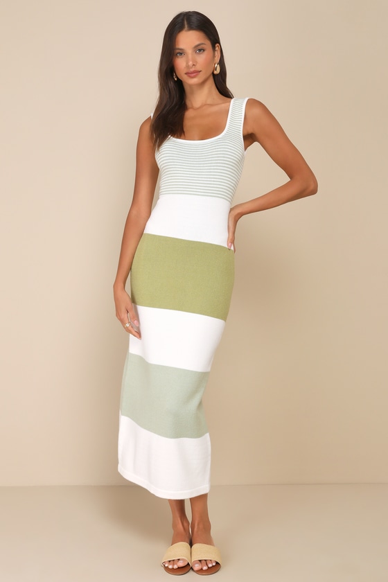 Easily Gorgeous Ivory and Sage Green Striped Midi Sweater Dress