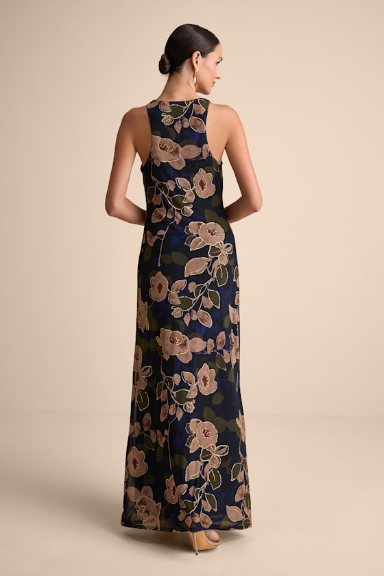 Kyra Navy Floral Mesh Cowl Neck Maxi Dress