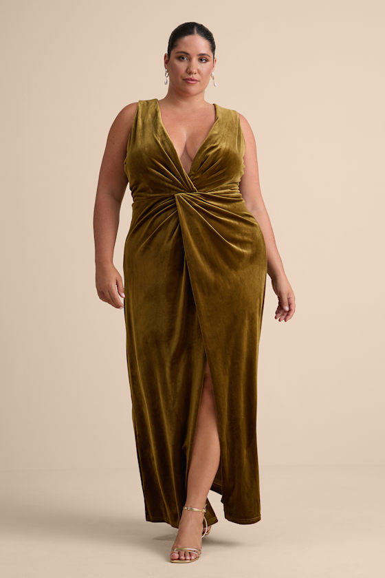 Beautiful Evenings Olive Green Velvet Twist-Front Maxi Dress