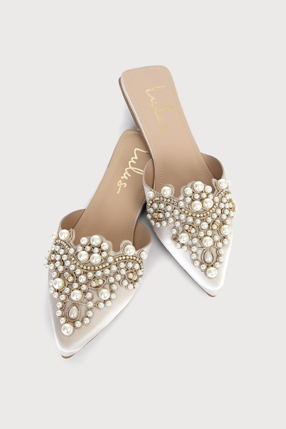 Flora Ivory Satin Pearl Embroidered Pointed-Toe Flats