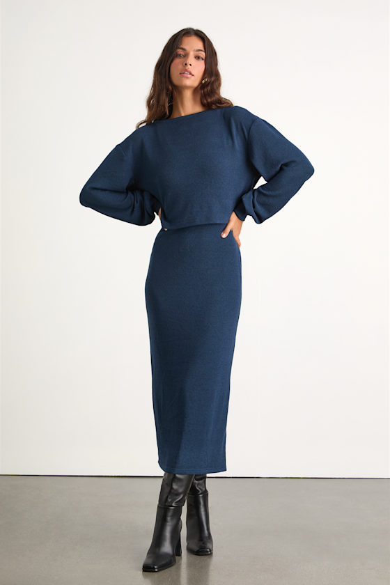 Marvelous Match Navy Knit Two-Piece Midi Dress & Sweater Set