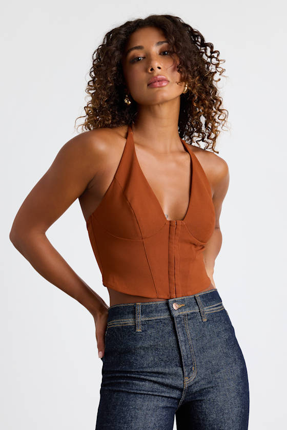 Adeema Rust Brown Hook-and-Eye Halter Crop Top