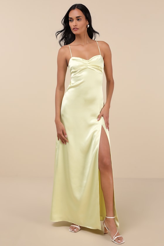 Stunning Example Light Yellow Satin Backless Maxi Dress